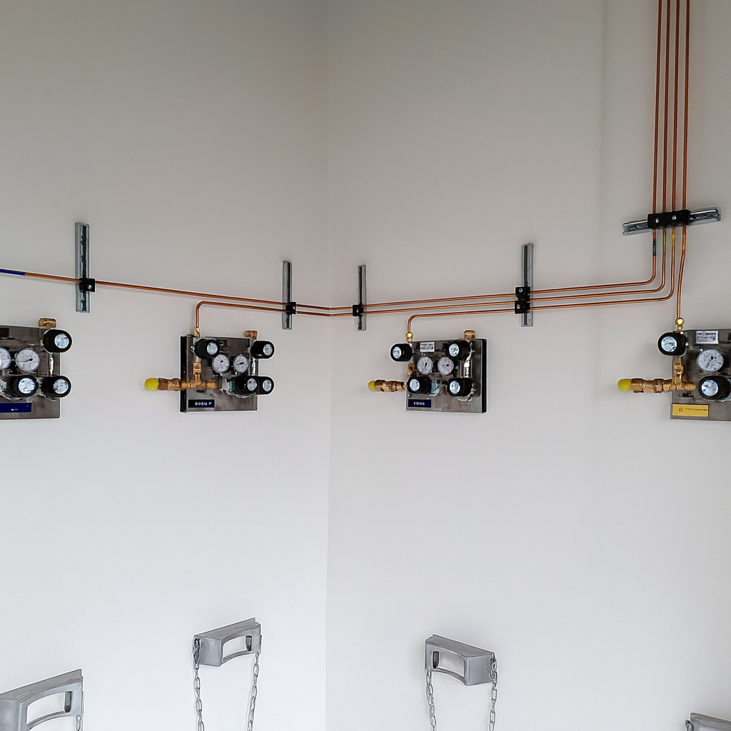 Kupferleitungen führen zu mehreren Gasentnahmestellen mit Reglern an der Wand.