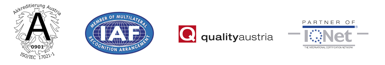 Logoleiste mit Zertifizierungs- und Akkreditierungssiegeln: Akkreditierung Austria (ISO/IEC 17021-1), IAF, Quality Austria und IQNet.